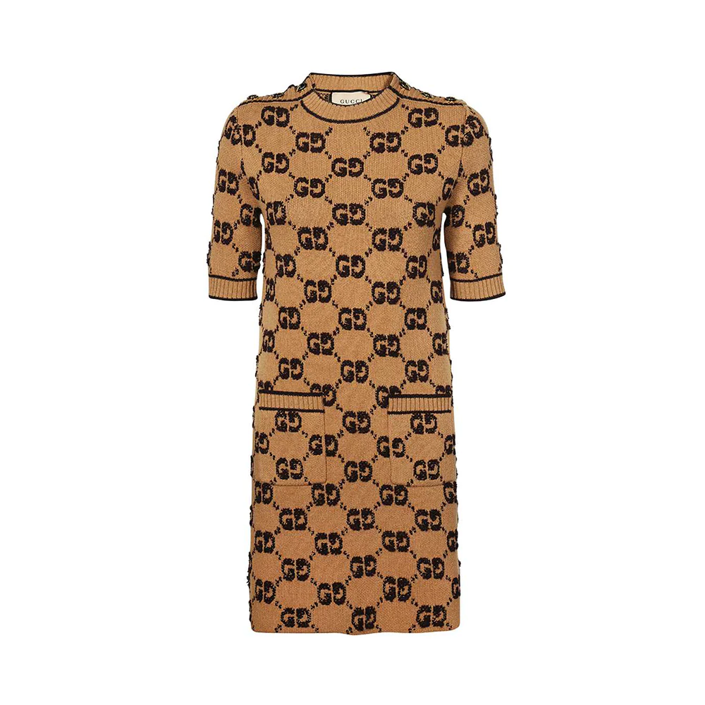 Gucci GG Wool Bouclé Jacquard Dress Camel Brown