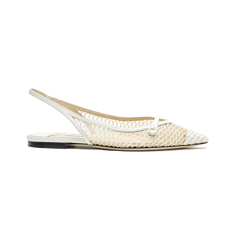 Jimmy Choo Amita Fishnet Mesh Nappa Slingback Flat White Latte 