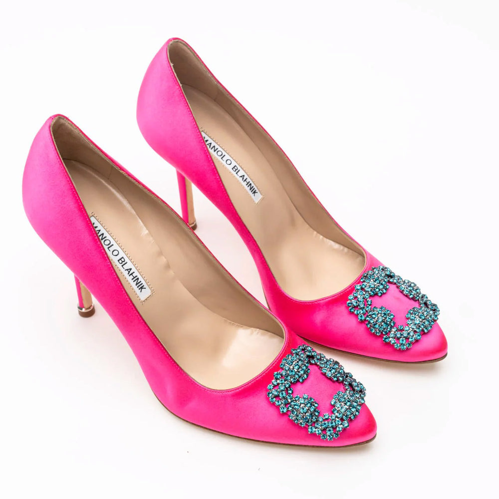 Manolo Blahnik Hangisi 105 Satin Pumps with Blue Crystal Buckle Bright Pink