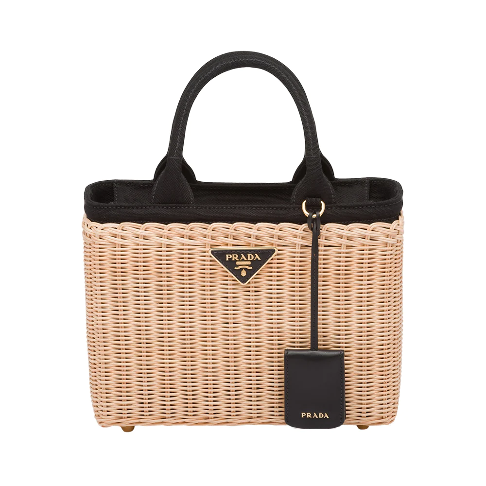 Prada Wicker and Canvas Logo Strap Bucket Bag Black