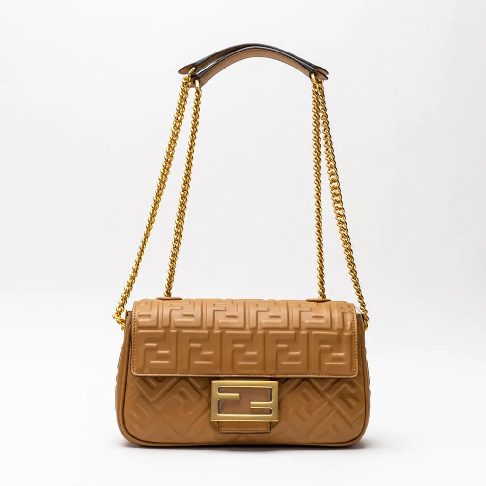 Baguette Chain Midi Leather Bag FF Embossed Brown Ghw