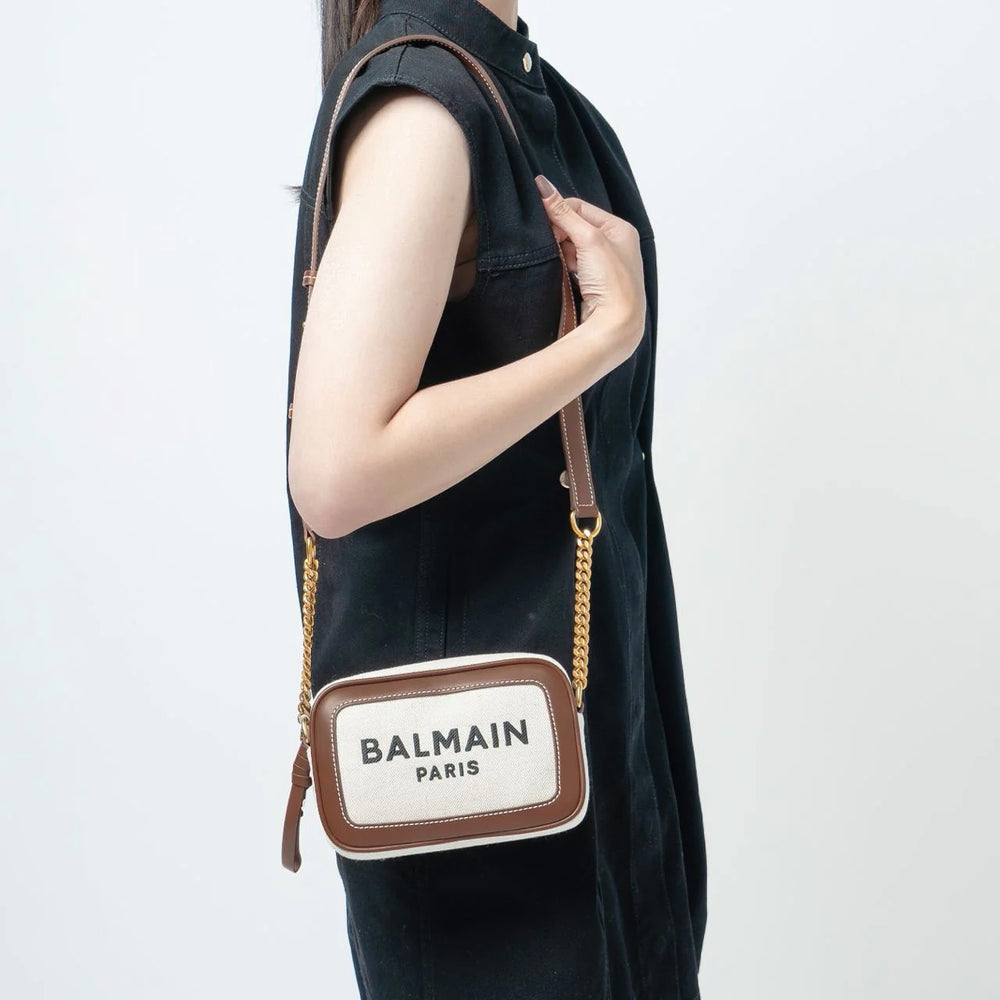 Balmain B-Army Embroidered Logo Canvas and Leather Clutch Beige