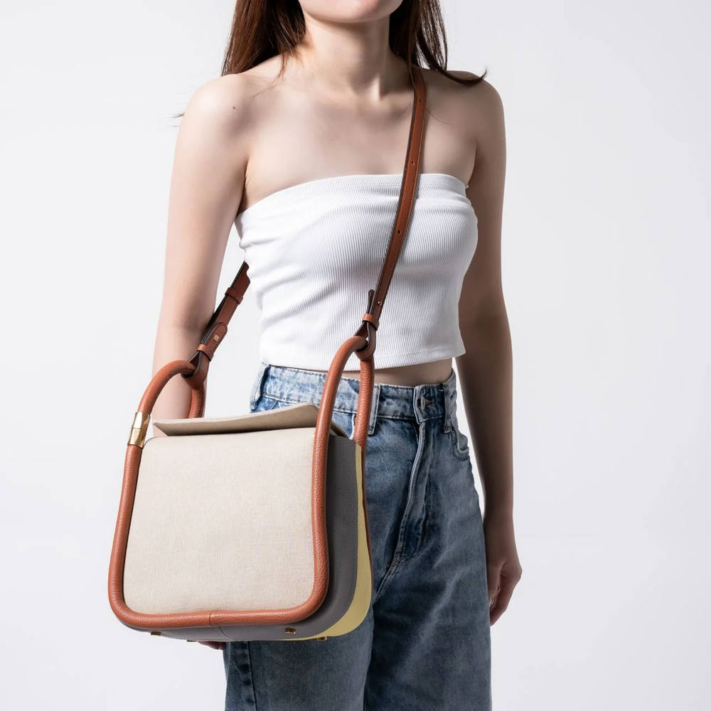 Wonton 25 Mille Feuille Canvas and Leather Bag Paprika Popcorn Grey