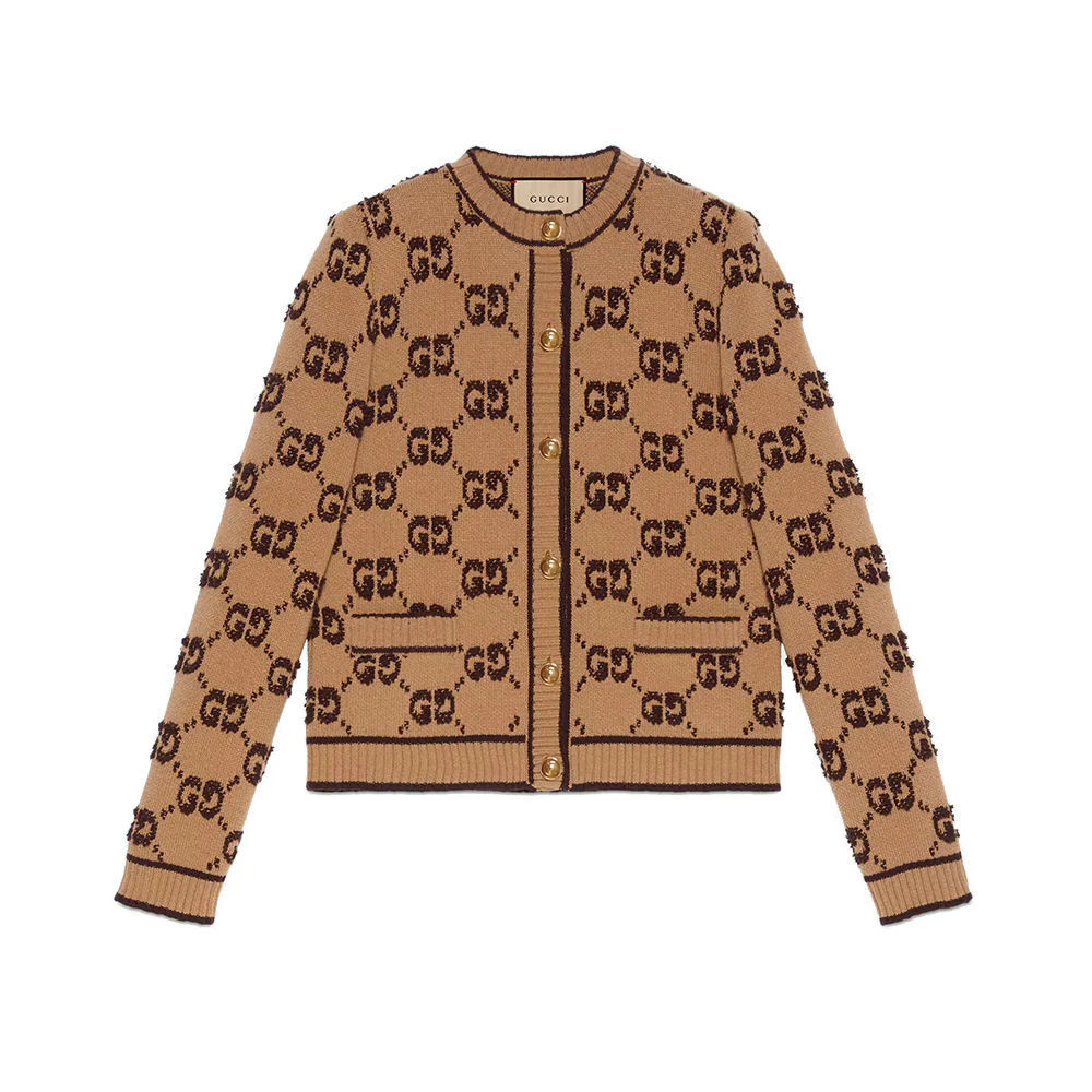 Gucci GG Wool Bouclé Jacquard Cardigan Camel Brown