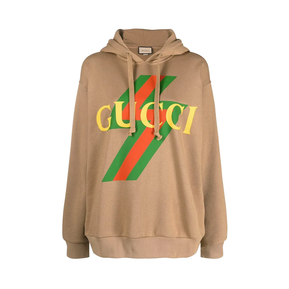 Gucci Storm Logo Print Hooded Sweatshirt Beige