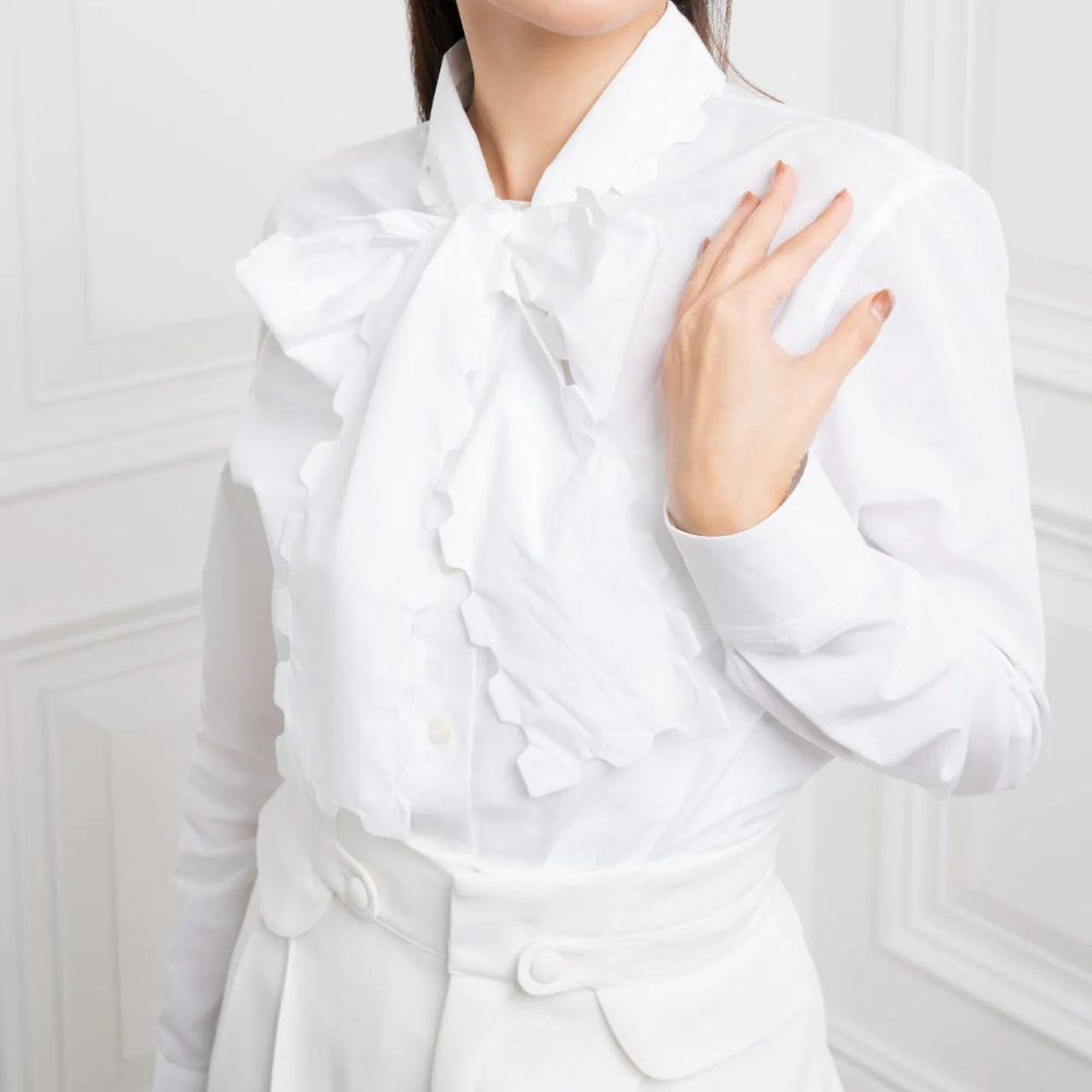Tory Burch Poplin Scalloped Bow Blouse White