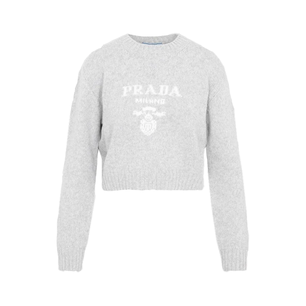Prada Milano Cropped Sweater Knit Woo Grey White