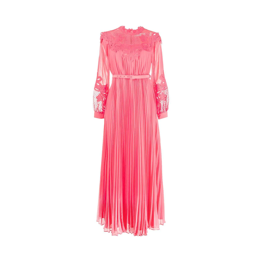 Self Portrait Chiffon Guipure Lace Bib Maxi Dress Pop Pink