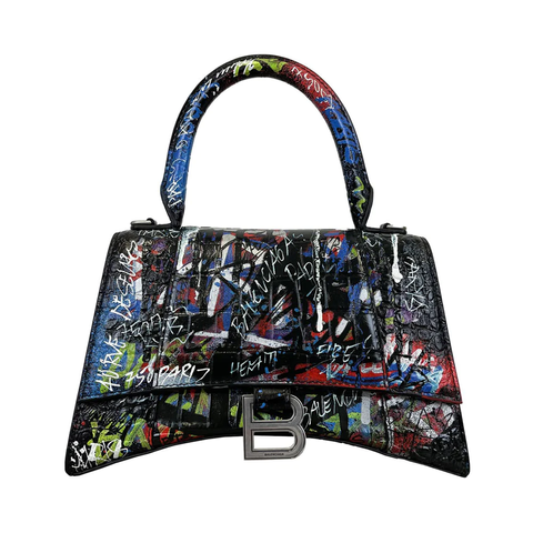 Balenciaga Graffiti Print Embroidery Hourglass S Top Handle Calf Black