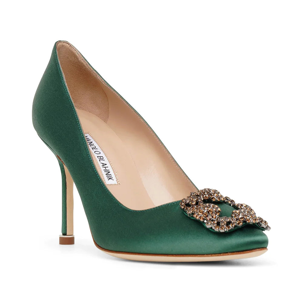 Manolo Blahnik Hangisi 90 Satin Pumps with SMT Crystal Buckle DGreen