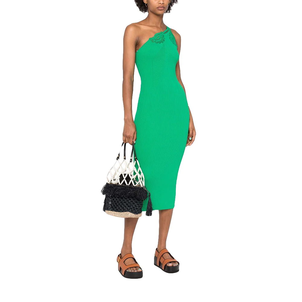 Self Portrait One Shoulder Ribbed Knit Midi Dress Bright Green