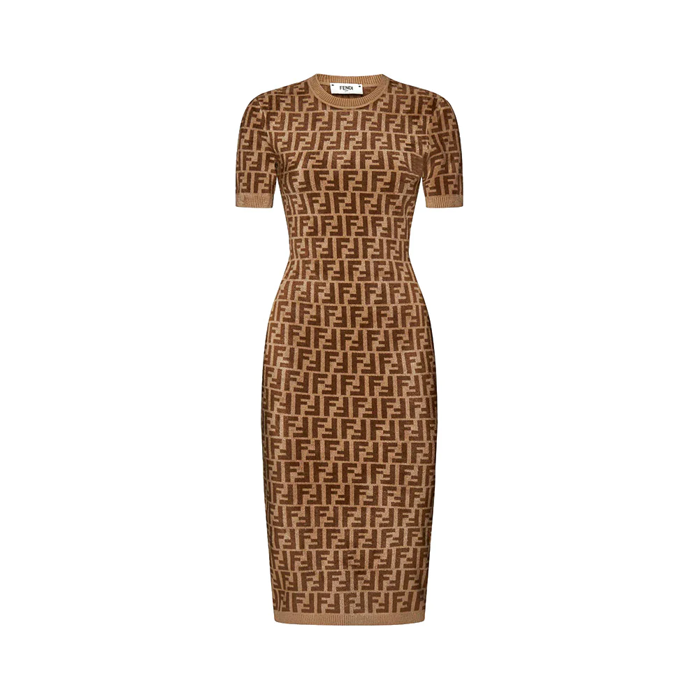 Fendi FF Velvet Short Sleeves Dress Brown