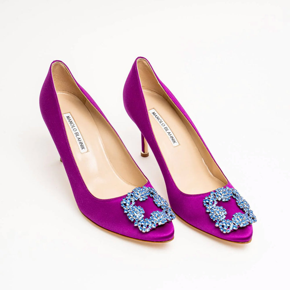 Manolo Blahnik Hangisi 70 Satin Pumps with BLU Crystal Buckle DPink