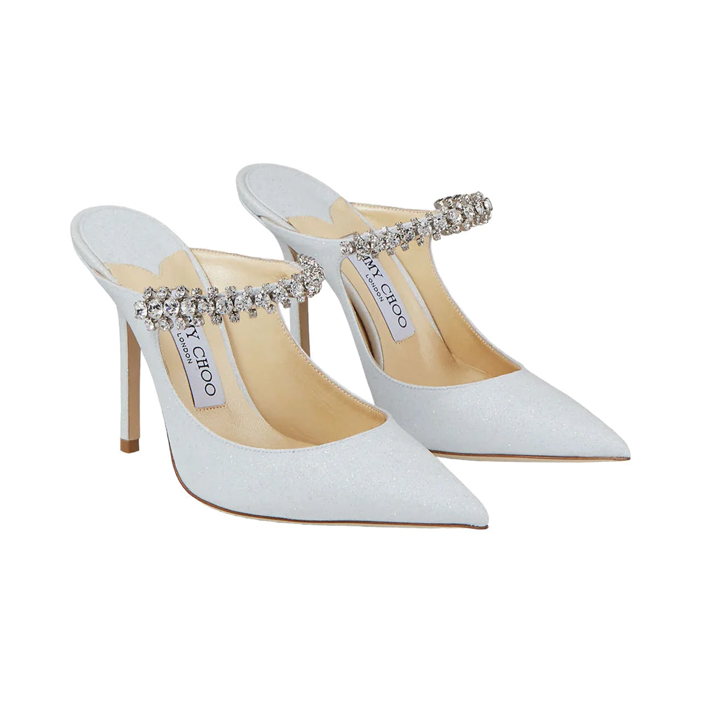 Jimmy Choo Bing 100 Leather Mules with Crystal Strap White Glitter