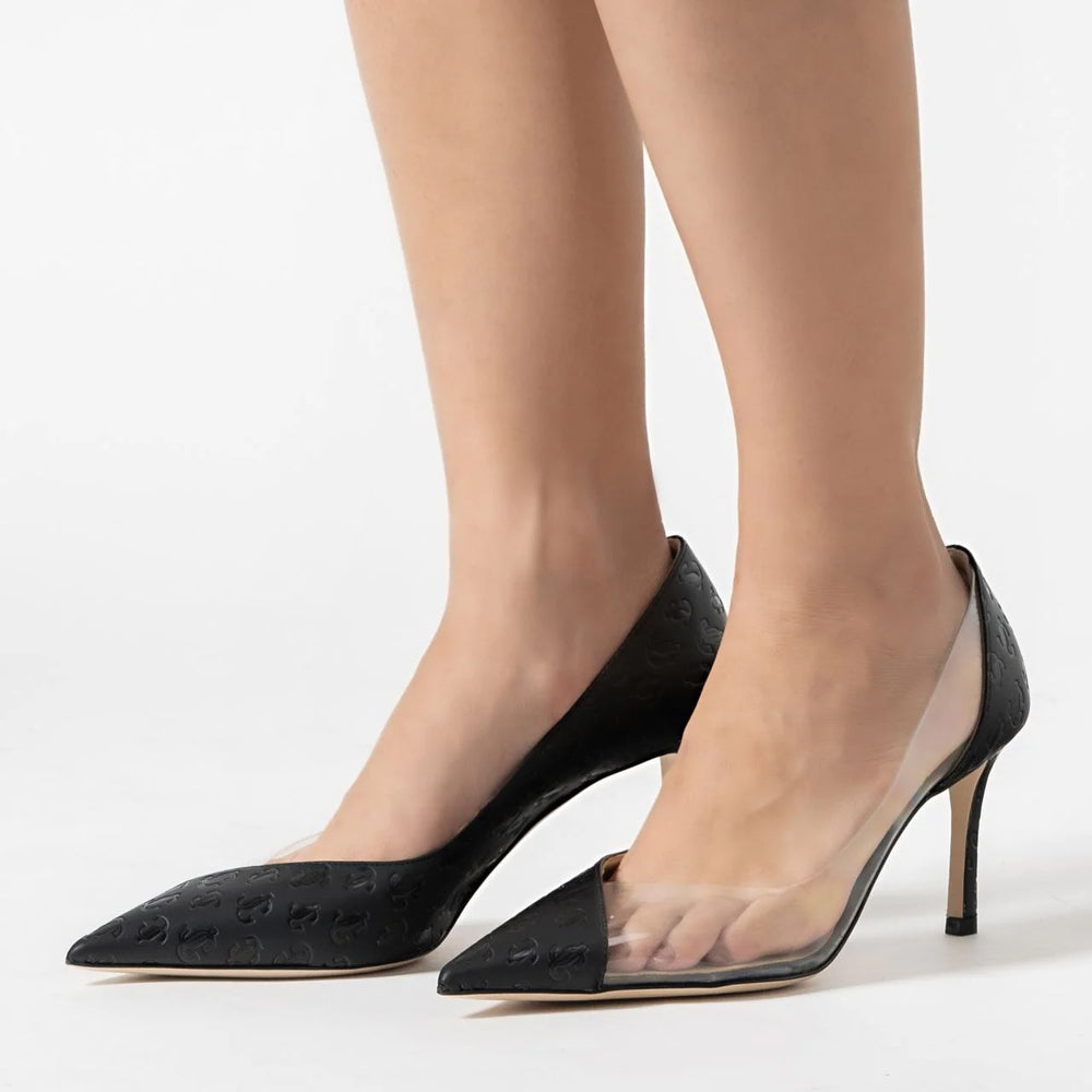 Jimmy Choo Cass 75 Pumps PCV and Monogram Black/Clear