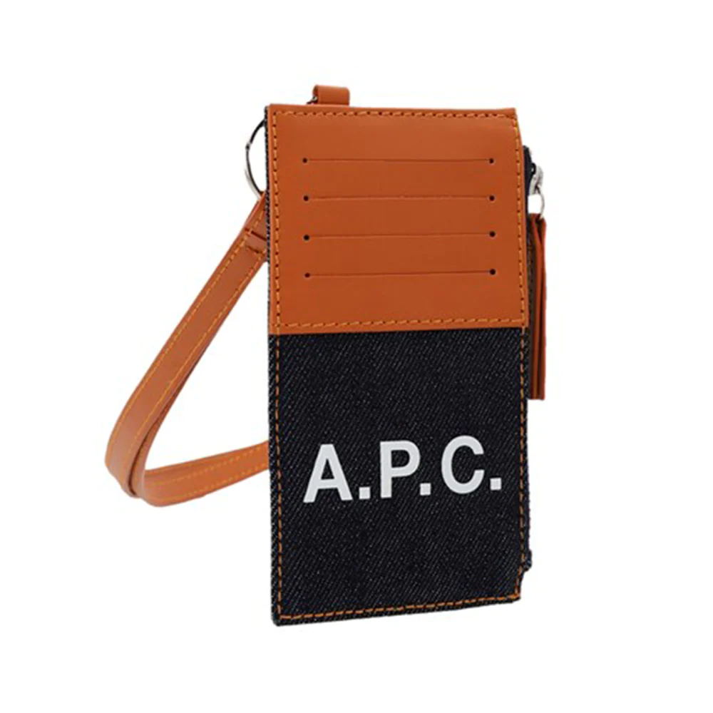 A.P.C Axelle Card Holder with Strap Denim Leather Navy Brown 