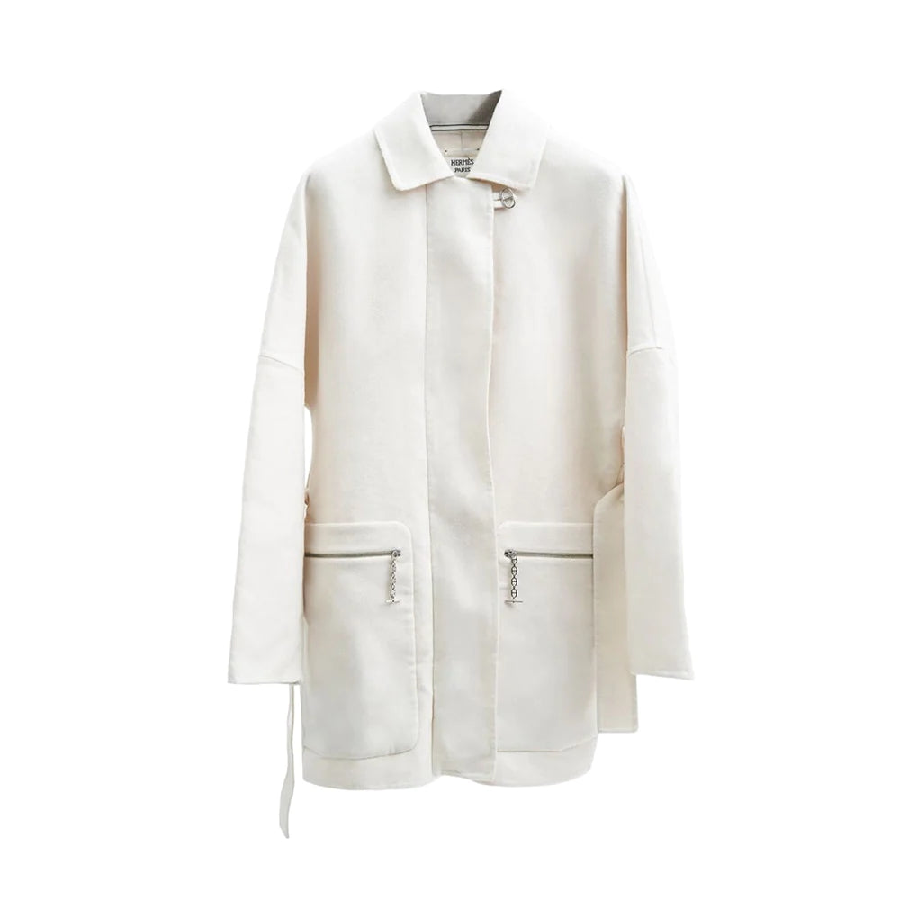 Hermes Belted Coat Double-Sided Cashmere Blanc Cordage