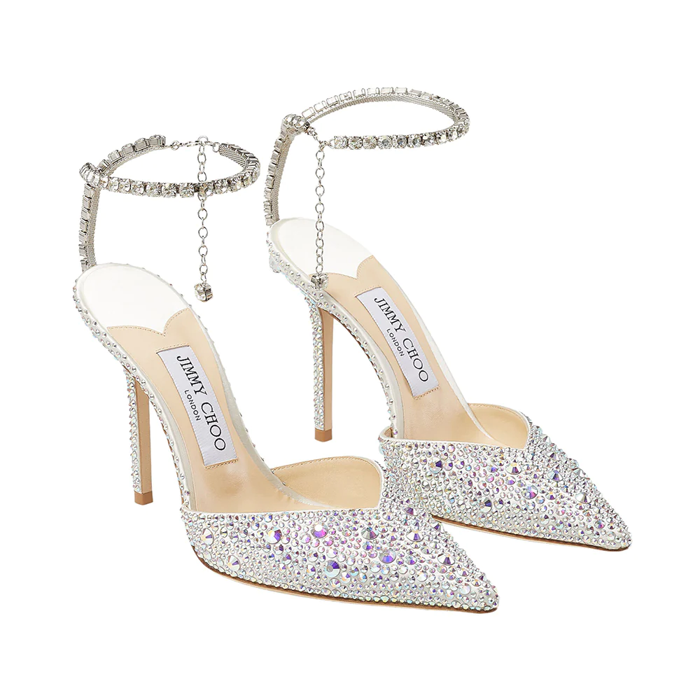 Jimmy Choo Saeda 100 Satin Crystal Embellished Ankle Strap Heels Ivory