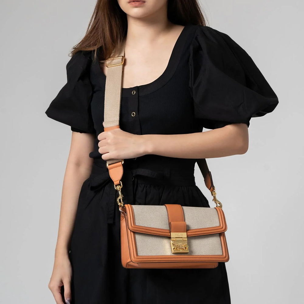MCM Small Tracy Shoulder Bag in Linen Cognac