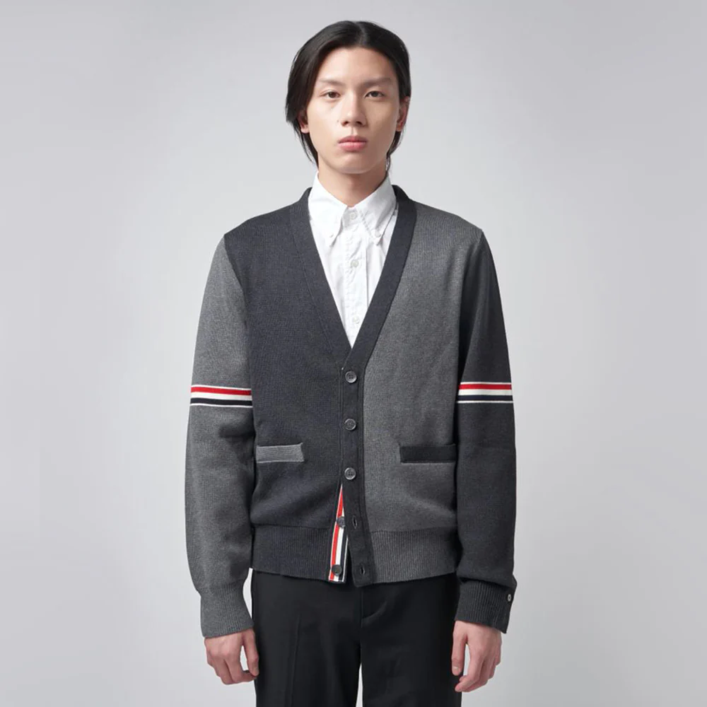 Thom Browne Color Block V-Neck Button Cardigan Jumper Black Grey