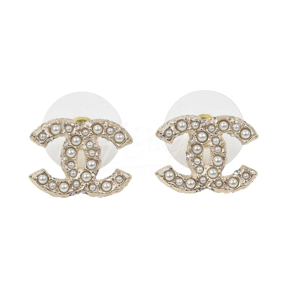 Chanel CC Small Logo Earrings Crystal Pearl Gold