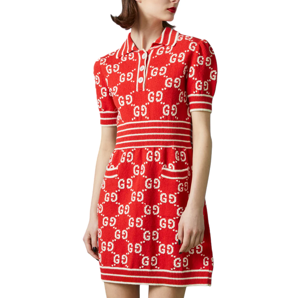 Gucci GG Cotton Jacquard Polo Dress Red Ivory