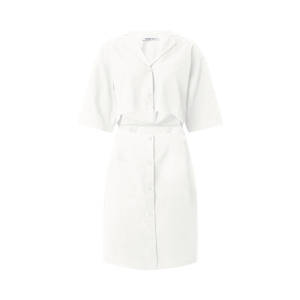 Calvin Klein Seersucker Cut Out Shirt Dress Ancient White