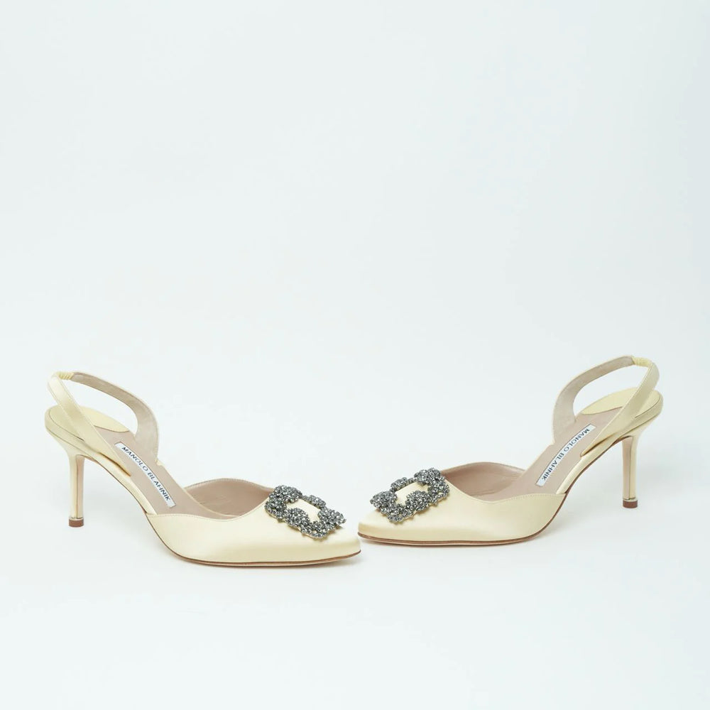 Manolo Blahnik Hangisli 70 Satin Slingback Heels with FMC Crystal