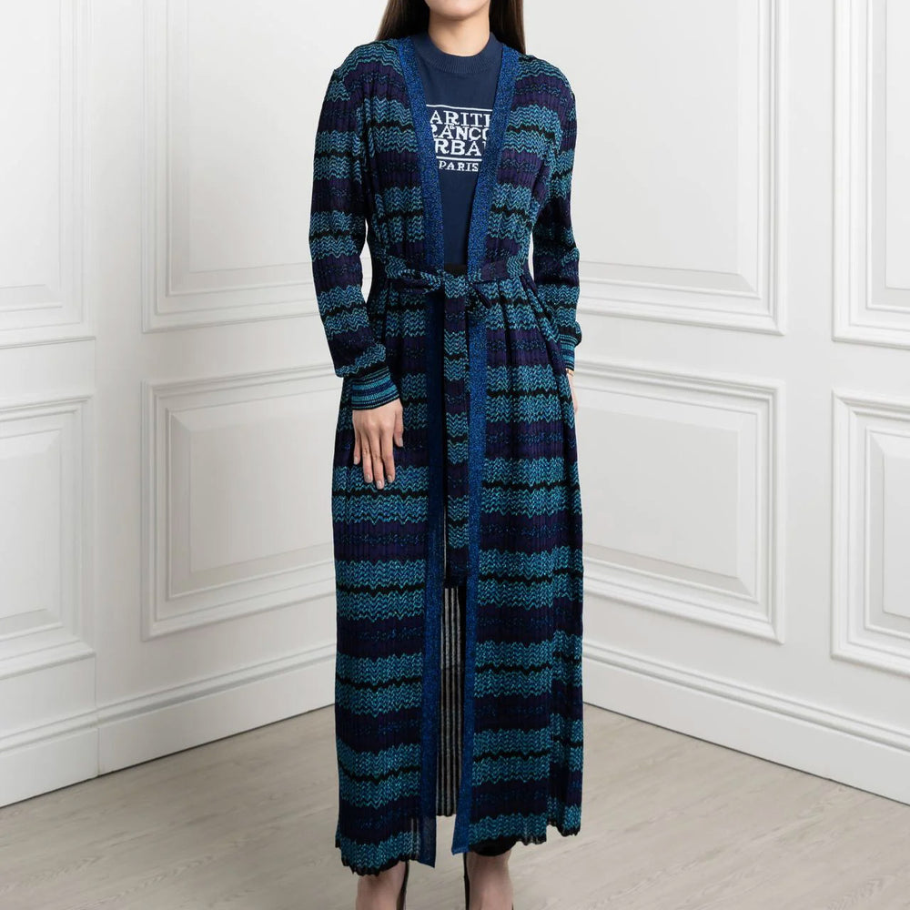 Missoni Viscose Blend Knit Long Cardigan with Belt Navy Multicolor