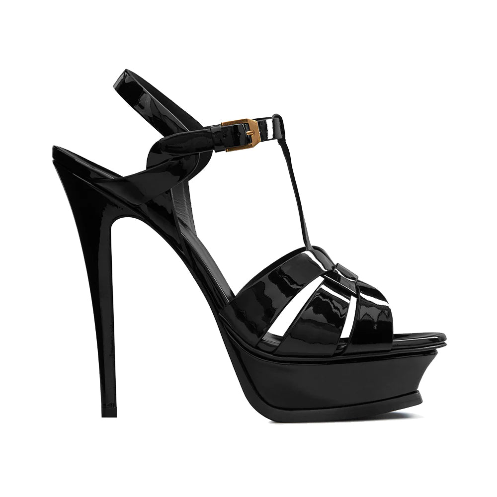 Saint Laurent Tribute 105 Patent Leather Sandal Heels Black