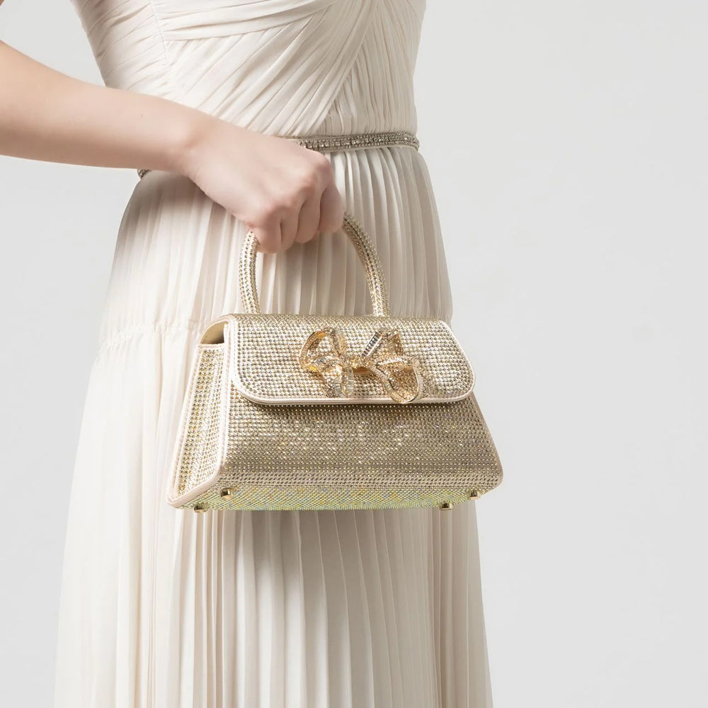 Self Portrait Rhinestone Mini Bow Top Handle Bag Gold