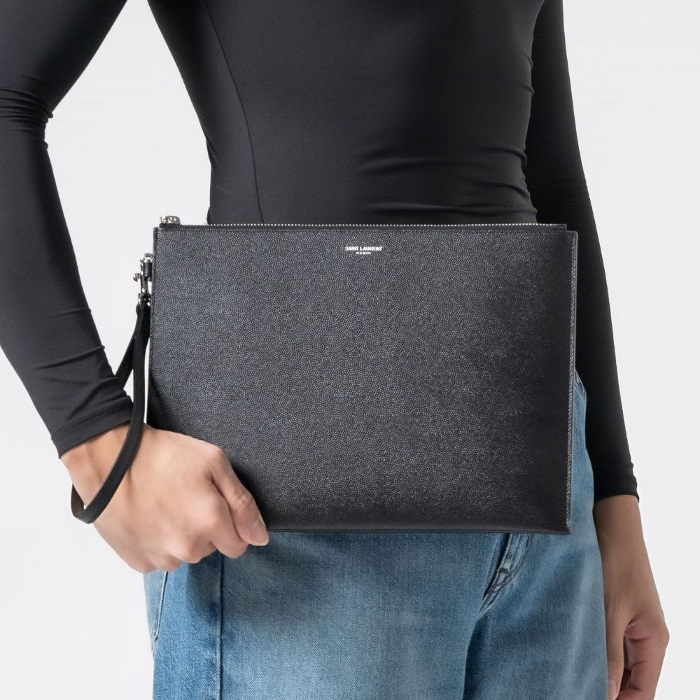 Saint Laurent Paris Grained Leather Zipped Tablet Holder Black