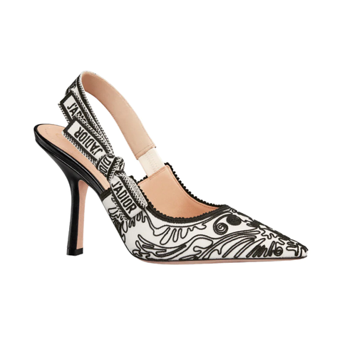 Christian Dior Slingback Pump Black White Ornamental Cotton with Cornely Embroidery
