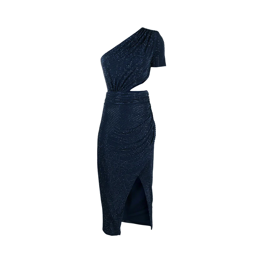 Self Portrait Cut Out Asymmetric Neck Crystal Midi Dress Navy