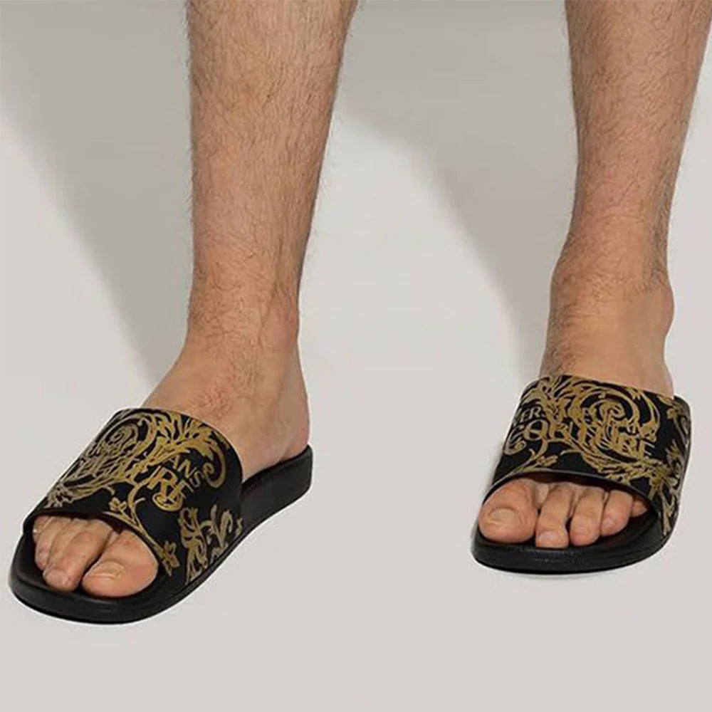 Versace Logo Couture Rubber Pool Slides Black Gold