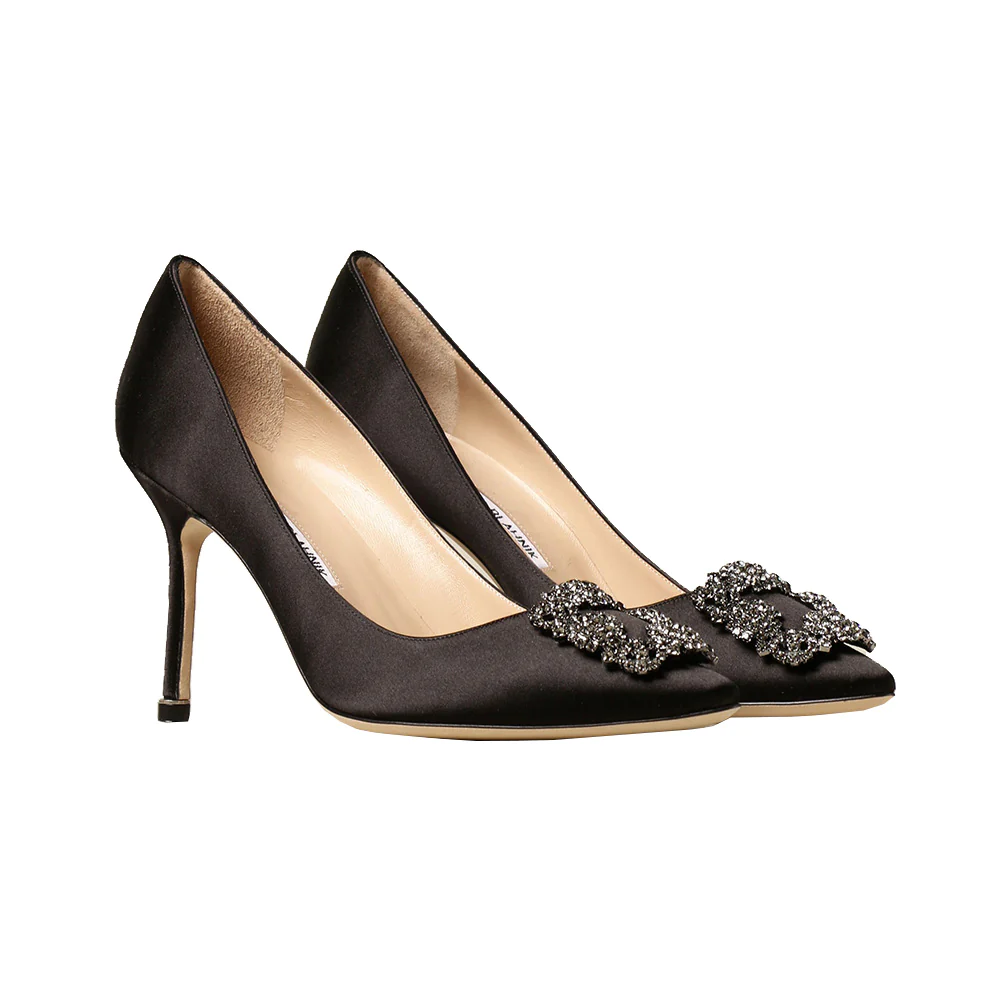 Manolo Blahnik Hangisi 90 Satin Pumps with FMC Crystal Buckle Black