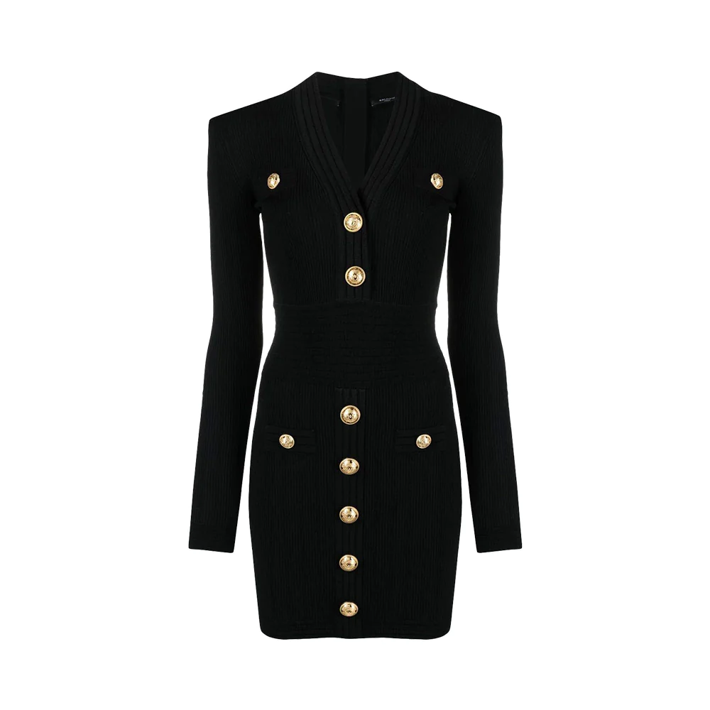 Balmain Short Knitted Dress Golf Buttons Black