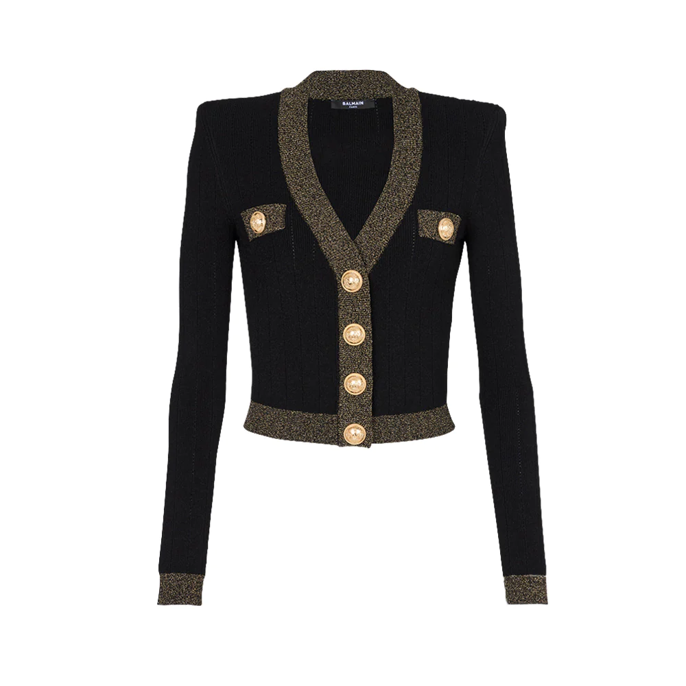 Balmain Gold Trim Cropped Knit Cardigan Black