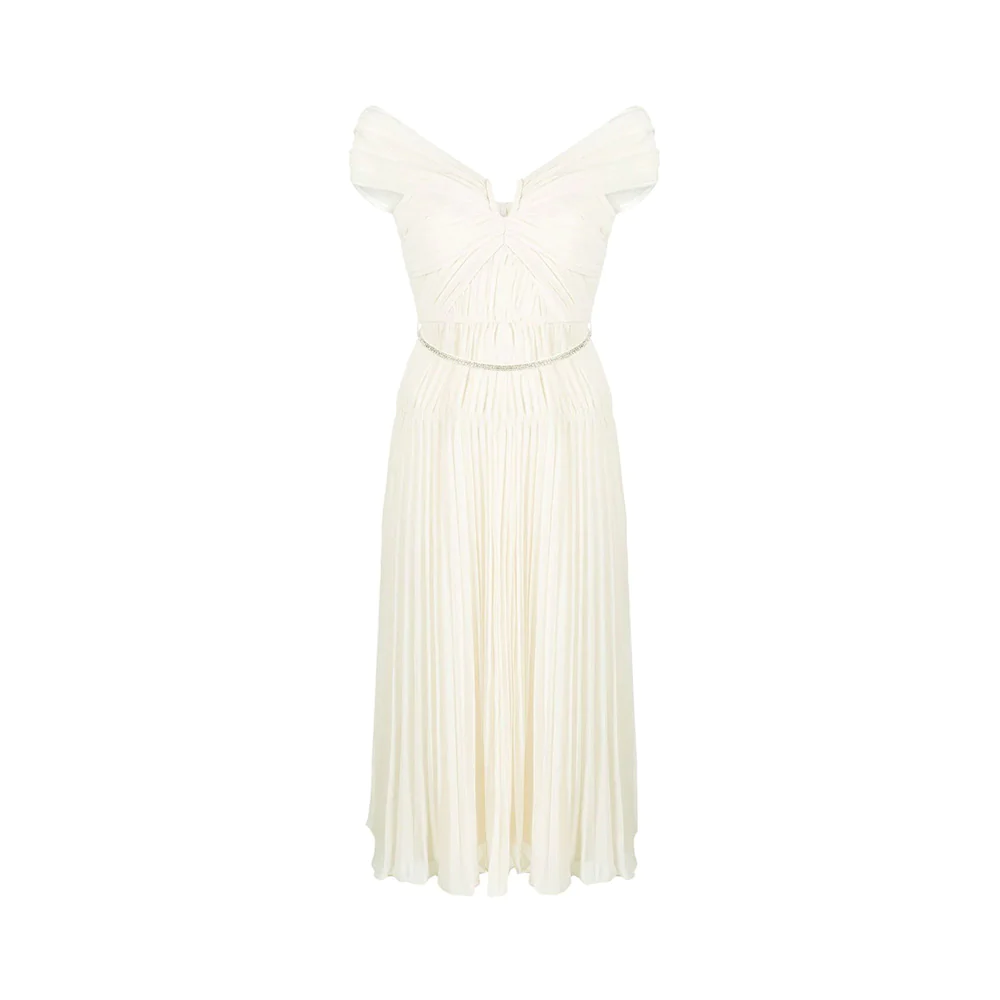 Self Portrait Pleated Off-Shoulder Chiffon Midi Dress Cream