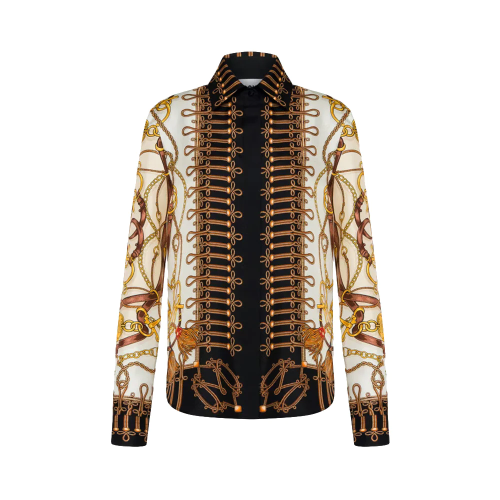 Moschino Military Teddy Silk Twill Shirt Ivory/Black/Gold 