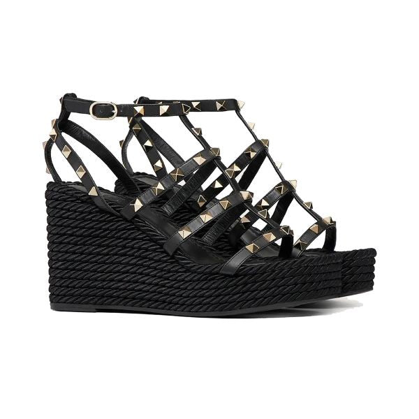 Rockstud Ankle Strap Wedge Sandal 95mm Black