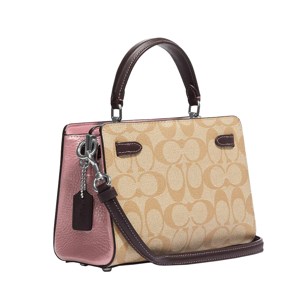 Coach Mini Lane Top Handle Signature Light Khaki Pink Multi