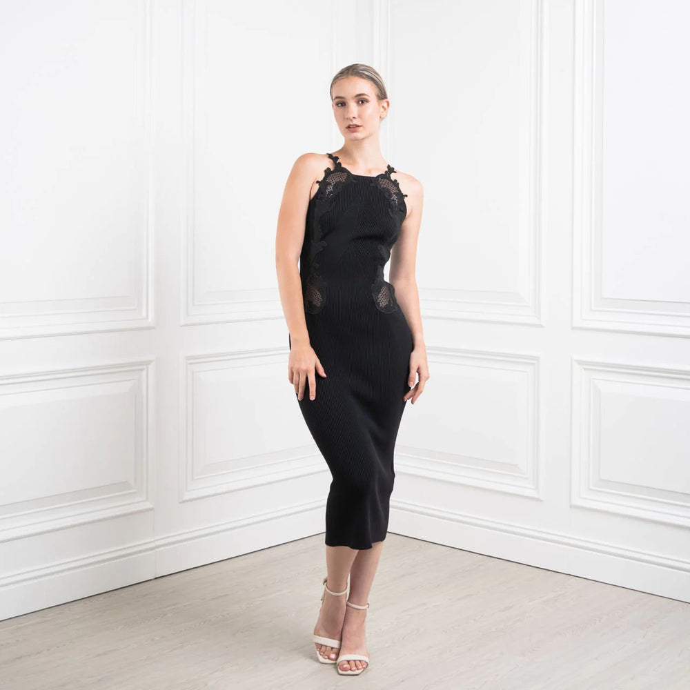 Self Portrait Lace Insert Knit Midi Dress Black