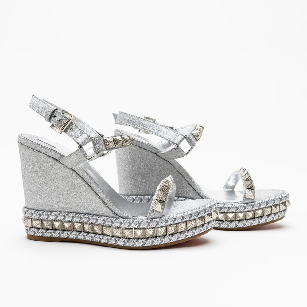 Christian Louboutin Pyraclou 110 Spikes Wedges Glitter Silver