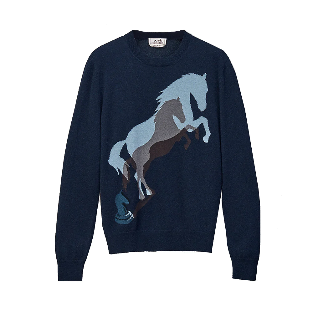 Hermes Chess and Shadow Crewneck Sweater Marine