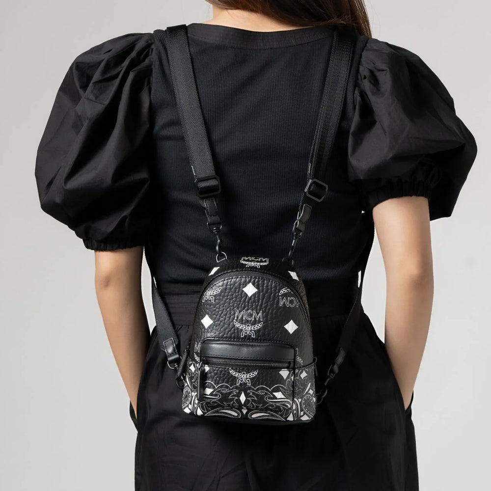 MCM Mini Stark Crossbody Backpack in Bandana Visetos Black