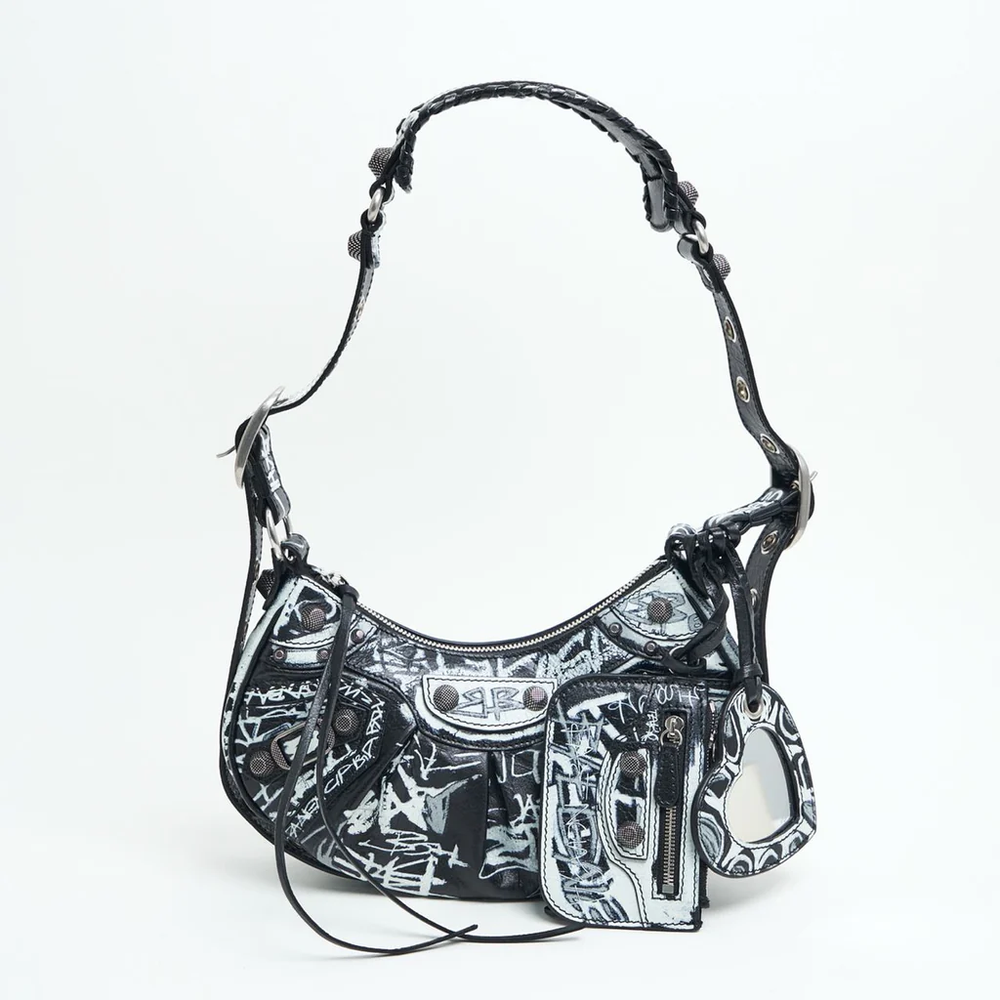 Balenciaga Le Cagole XS Graffiti Shoulder Bag Black