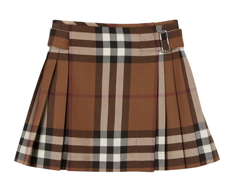 Burberry Check Wool Pleated Mini Skirt Dark Birch Brown 