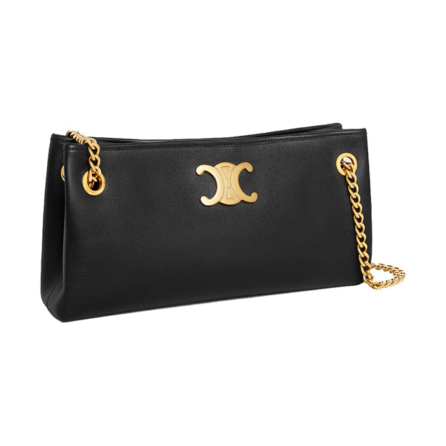 Newspaper Chain Bag Medium Triomphe Soft Supple Calfskin Black Ghw