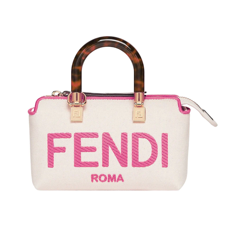 Fendi Mini By The Way Top Handle Canvas Logo Embroided Beige Pink